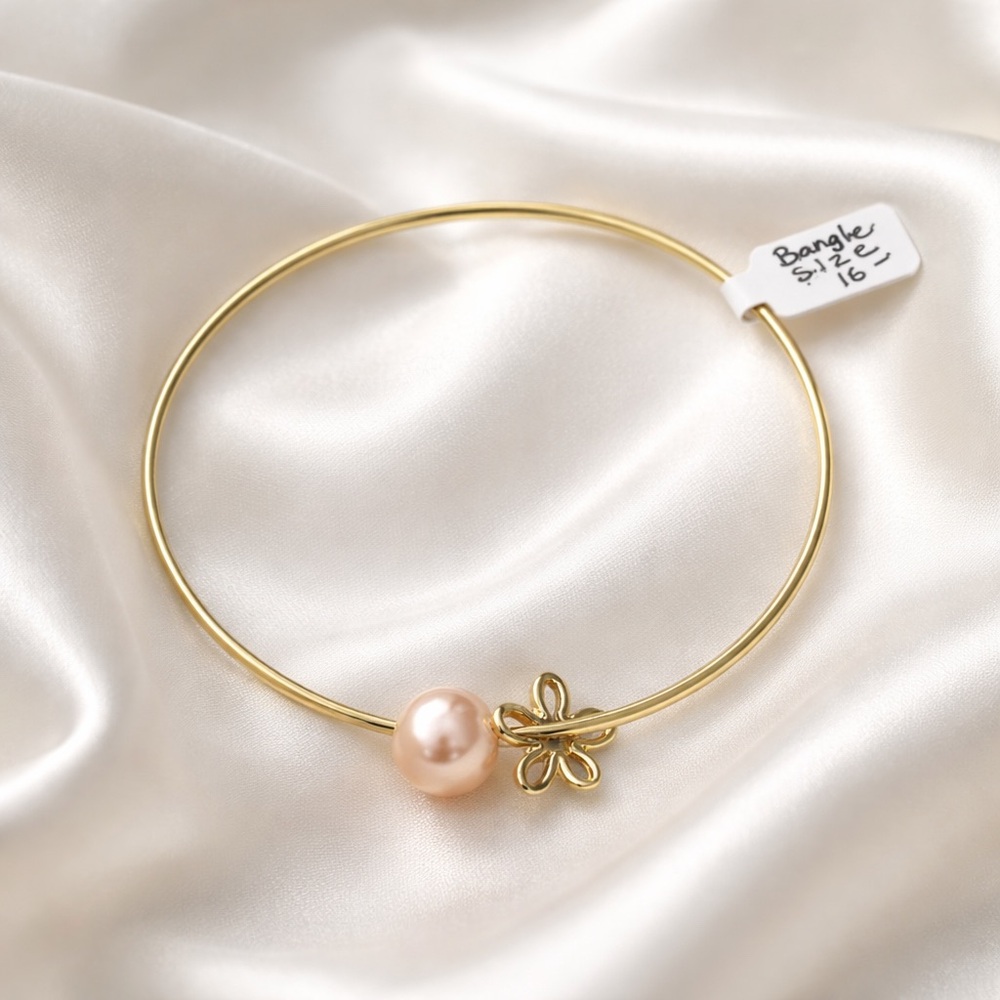 Gold Tone Pearl & Flower Bangle Bracelet - Women Jewelry